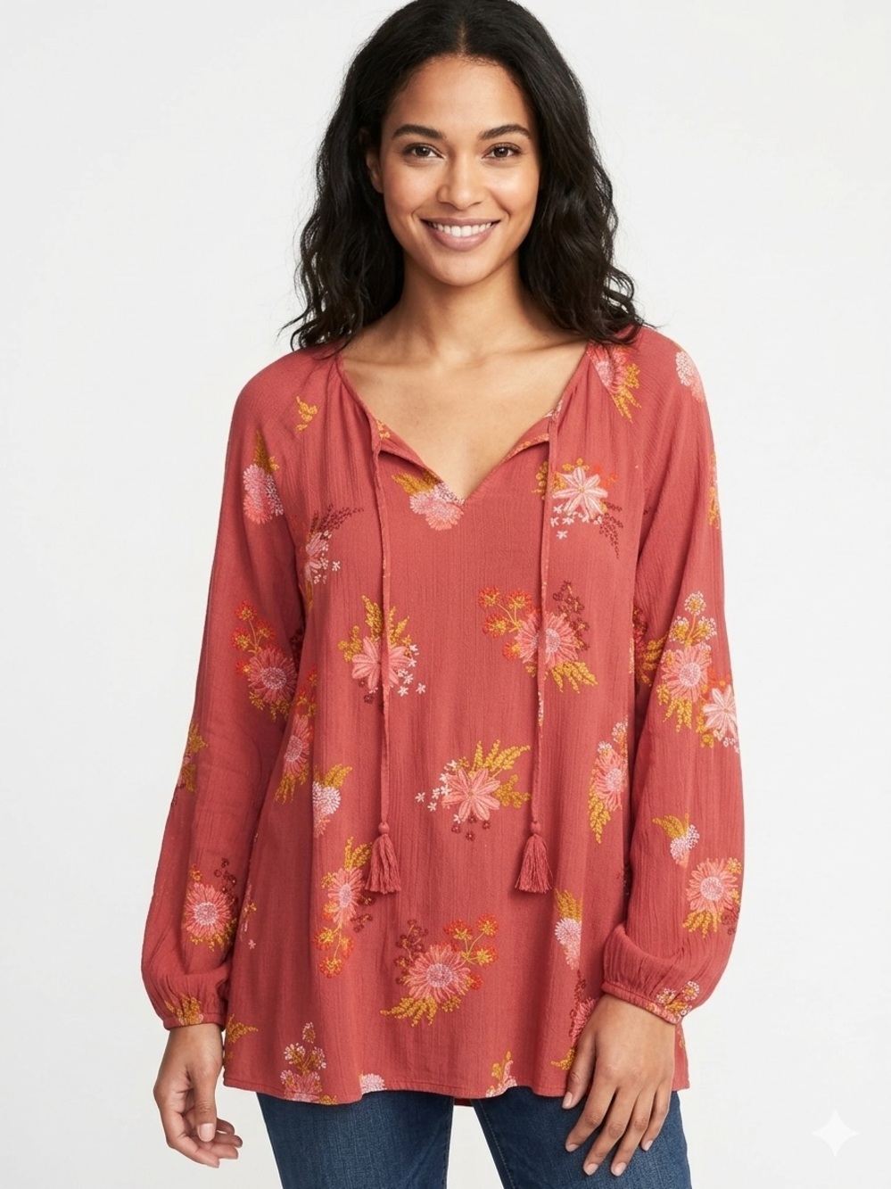 Sonoma Rust Red Floral Tie-Front Blouse Split Neck Peasant Boho Long Sleeve